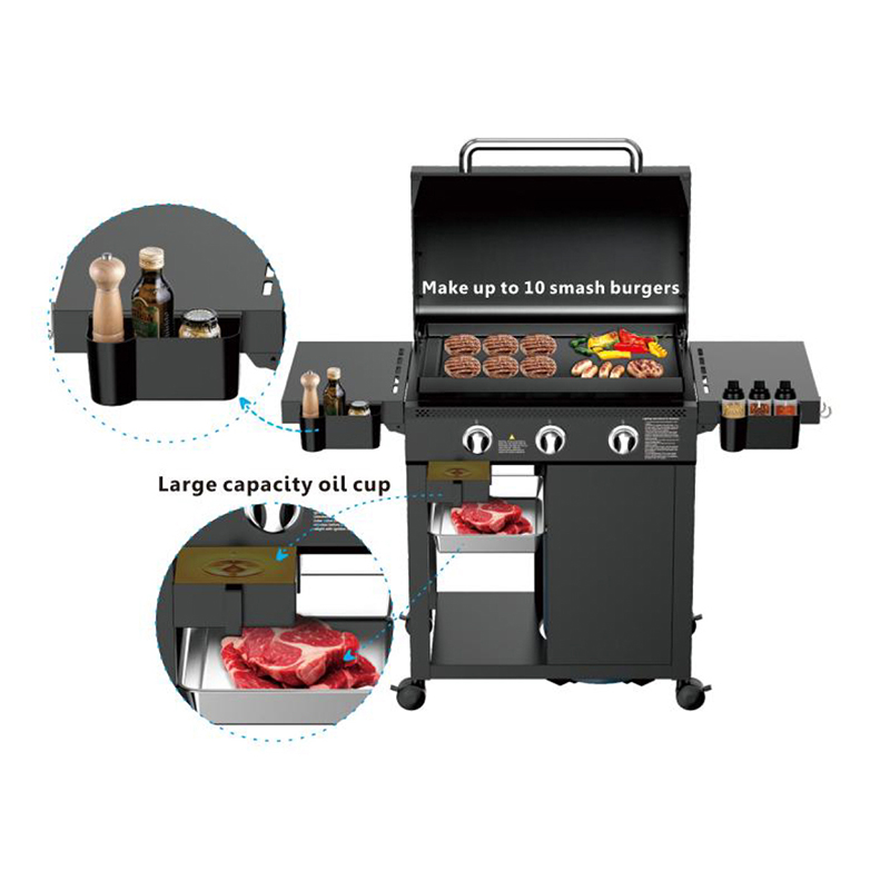 3-Burner Freestanding Gas Flat Top Griddle with Lid, 9.6KW Total Power Outdoor Cast Iron Cooking Griddle Grill