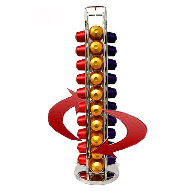360° Rotating Coffee Capsule Holder, 4 Column Stainless Steel Nespresso Pod Carousel Rack, Freestanding Vertical Coffee Pod Storage Organizer