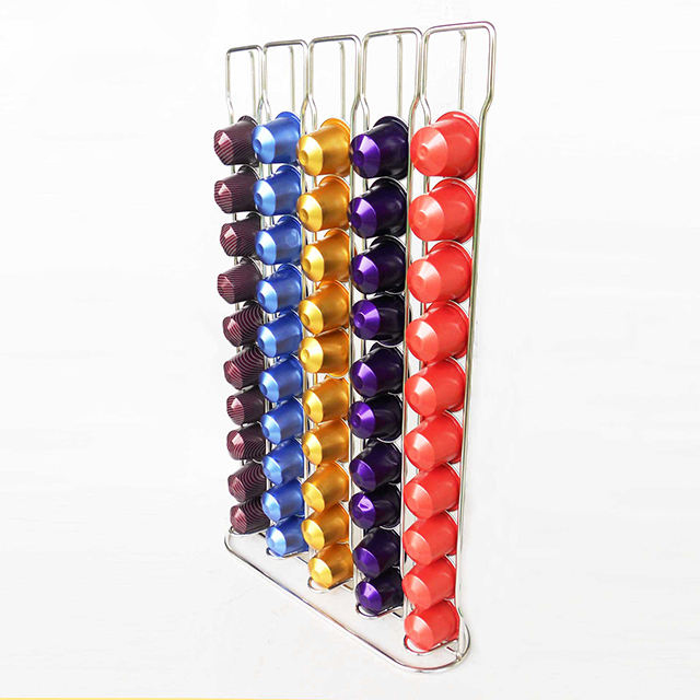 Wall & Counter 6 Row Coffee Capsule Holder, Stainless Steel Nespresso Pod Storage Rack, Vertical Non-Folding Coffee Pod Display Organizer for Kitchen