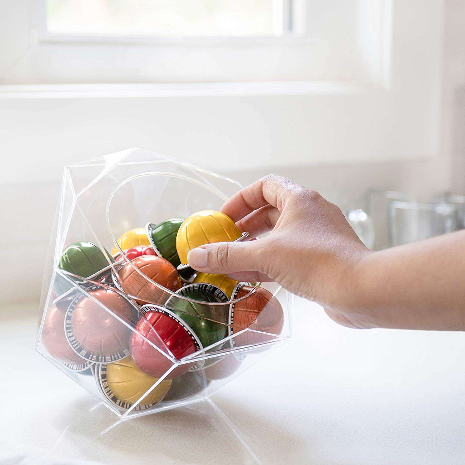 Diamond Polygon Clear Acrylic Coffee Capsule Holder, Transparent Plexiglass Pod Storage Bin, Freestanding Container for Nespresso Vertuoline, Dolce Gusto & K-Cup Coffee Pods