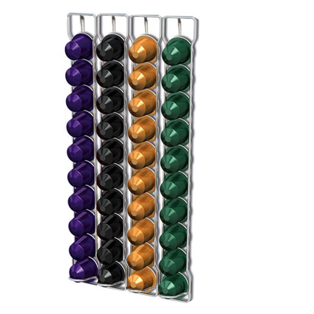 Wall & Counter 6 Row Coffee Capsule Holder, Stainless Steel Nespresso Pod Storage Rack, Vertical Non-Folding Coffee Pod Display Organizer for Kitchen