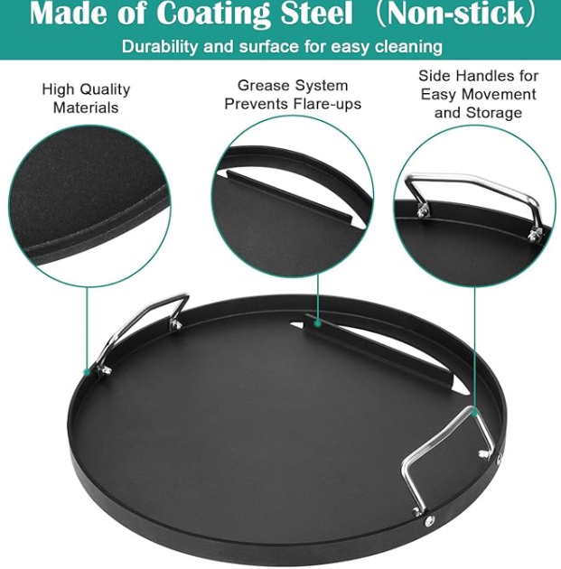 18.2 Inch Pre-Seasoned Carbon Steel Flat Top Griddle Plate with Stainless Steel Handles, Full Round Cooking Griddle Insert Fits Kamado Joe Classic 18 Inch Ceramic Charcoal Grill