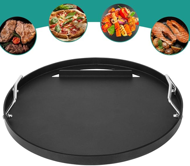18.2 Inch Pre-Seasoned Carbon Steel Flat Top Griddle Plate with Stainless Steel Handles, Full Round Cooking Griddle Insert Fits Kamado Joe Classic 18 Inch Ceramic Charcoal Grill