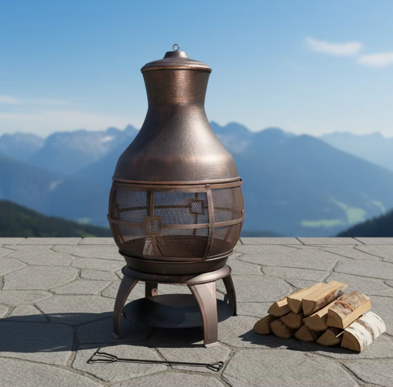 Classic Outdoor Fire Bowl 42-in H X 22-in D X 22-in Copper Coating Steel Chiminea High Temperature Wood-Fueled Stove Model