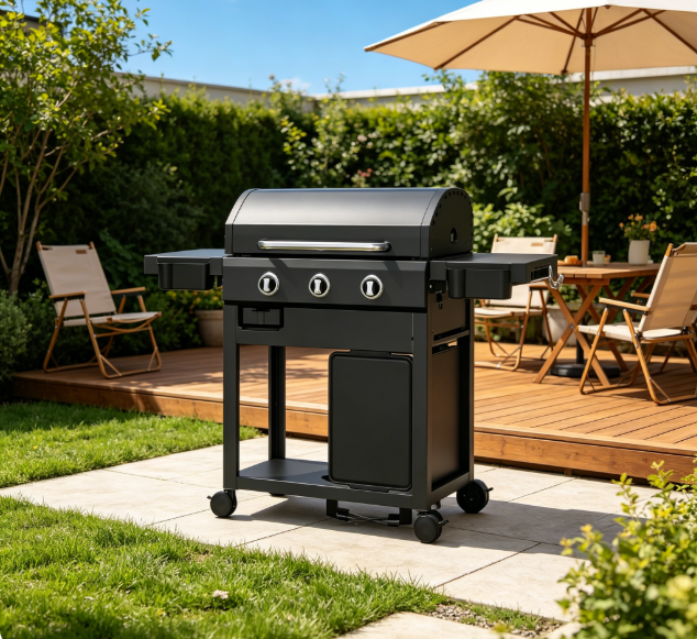 3-Burner Freestanding Gas Flat Top Griddle with Lid, 9.6KW Total Power Outdoor Cast Iron Cooking Griddle Grill