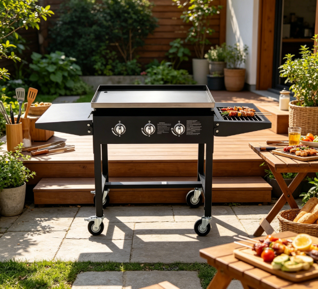 3-Burner Wheeled Freestanding Gas Flat Top Griddle, 12KW Total Power 3mm SS430 Stainless Steel Outdoor Propane Griddle Grill