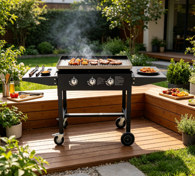 3-Burner Wheeled Freestanding Gas Flat Top Griddle, 12KW Total Power 3mm SS430 Stainless Steel Outdoor Propane Griddle Grill