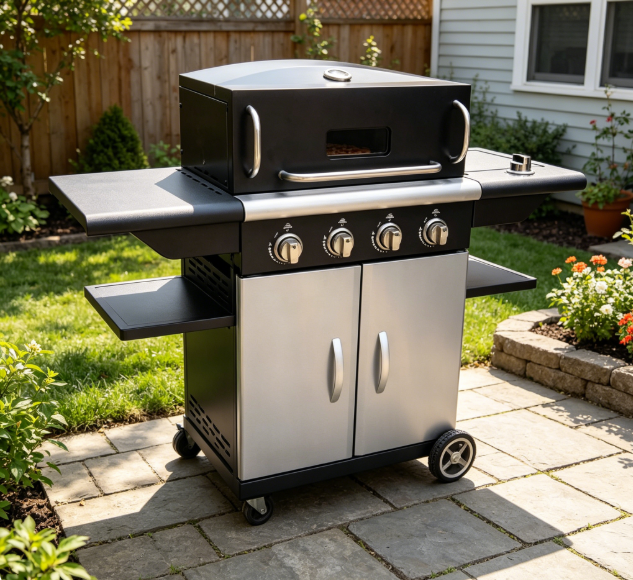 4 Burner Freestanding Gas Pizza Oven Combo Grill with Side Burner, Multi-Function Outdoor Backyard Propane Pizza & Barbecue Cooker
