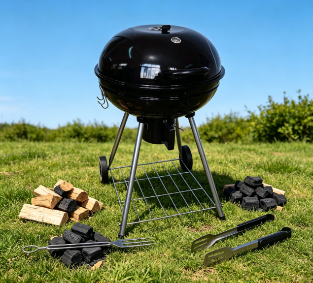 22.5 Inch Deluxe Round Kettle Charcoal Grill, 57cm Wheeled Outdoor Dome BBQ Grill with Bottom Storage Rack & Built-In Thermometer