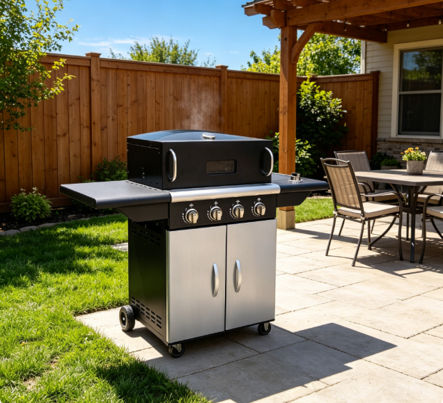 4 Burner Freestanding Gas Pizza Oven Combo Grill with Side Burner, Multi-Function Outdoor Backyard Propane Pizza & Barbecue Cooker