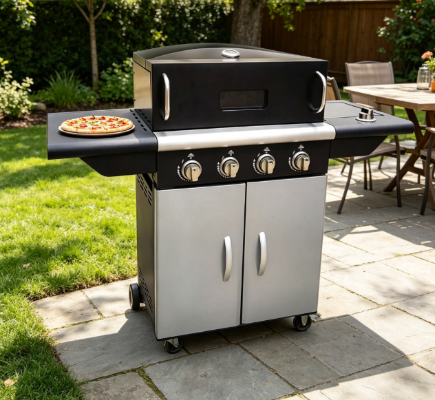 4 Burner Freestanding Gas Pizza Oven Combo Grill with Side Burner, Multi-Function Outdoor Backyard Propane Pizza & Barbecue Cooker