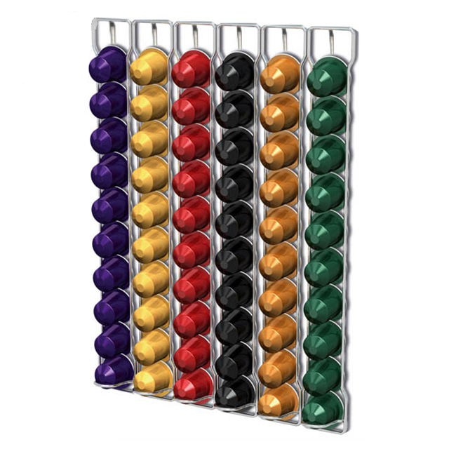Wall & Counter 6 Row Coffee Capsule Holder, Stainless Steel Nespresso Pod Storage Rack, Vertical Non-Folding Coffee Pod Display Organizer for Kitchen