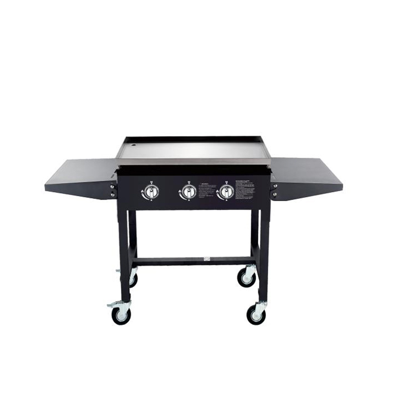 3-brander wielen vrijstaande gas platte top rooster, 12KW totale macht 3mm SS430 roestvrij staal buiten propaan rooster grill