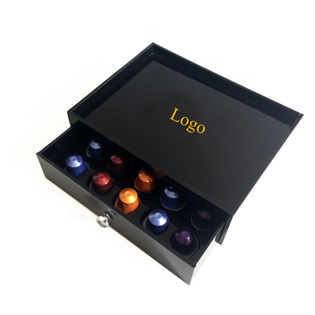 Single Tier Standing Coffee Capsule Drawer Box, Grid Compartment Storage for Nespresso Pods, Black Gloss Storage Case for Kitchen Display & Gift Packaging