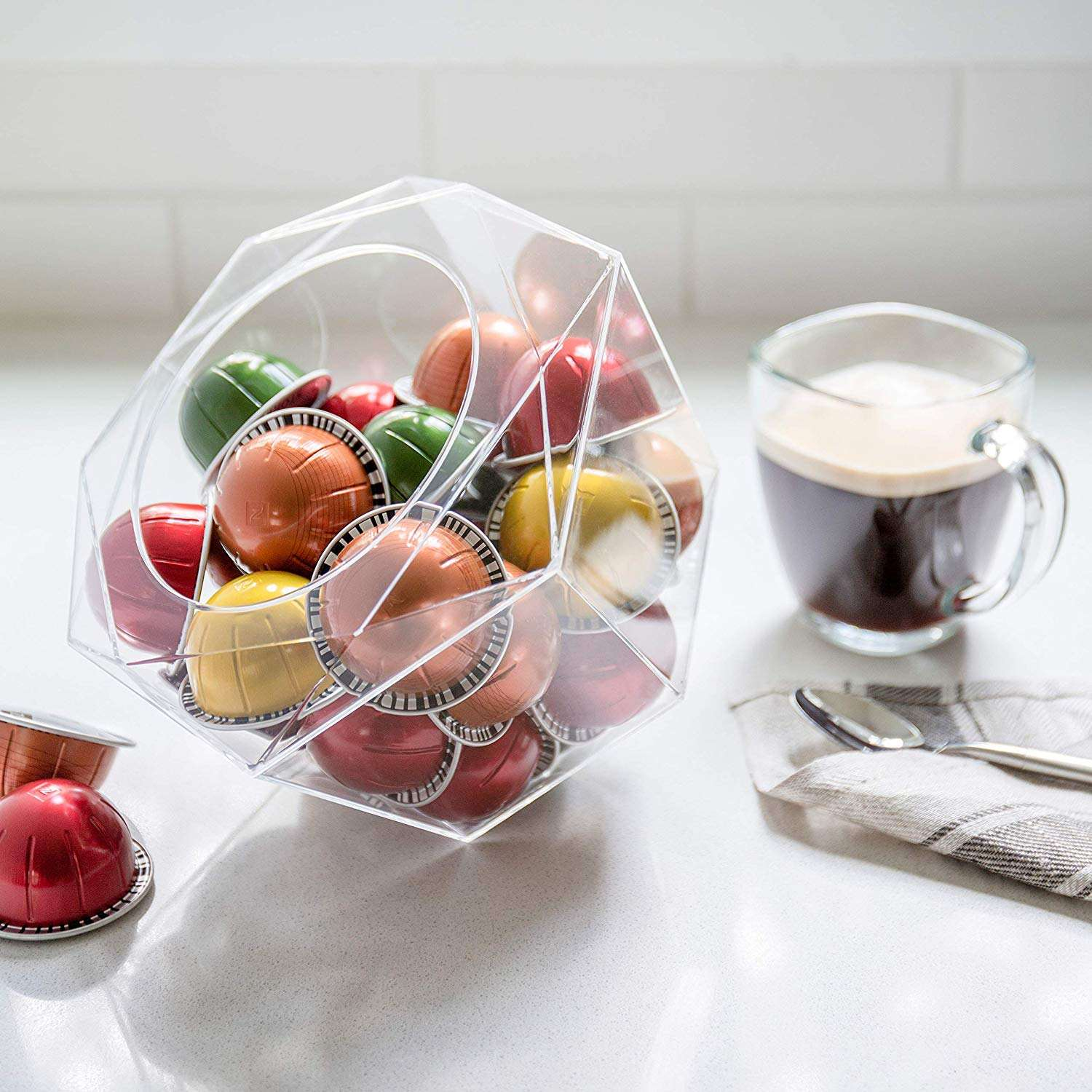 Diamond Polygon Clear Acrylic Coffee Capsule Holder, Transparent Plexiglass Pod Storage Bin, Freestanding Container for Nespresso Vertuoline, Dolce Gusto & K-Cup Coffee Pods