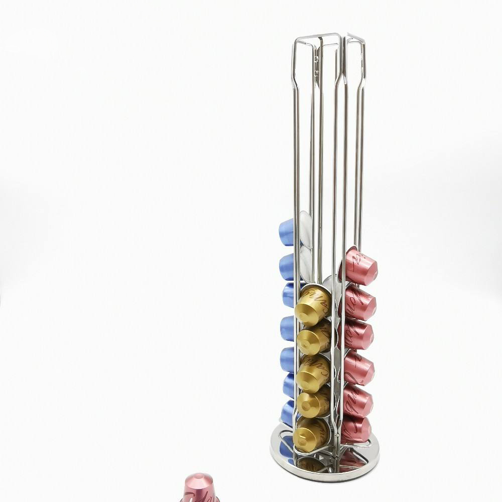 360° Rotating Coffee Capsule Holder, 4 Column Stainless Steel Nespresso Pod Carousel Rack, Freestanding Vertical Coffee Pod Storage Organizer