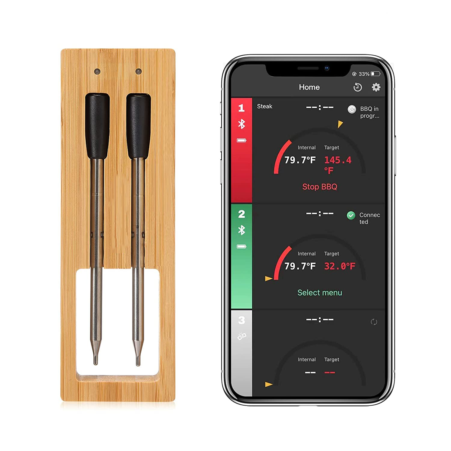 Dual Probe Smart Wireless Meat Thermometer, Waterproof Dustproof Fast Read Digital BBQ Thermometer, Non-Stick Corrosion Resistant Cooking Probes with Bamboo Storage Rack
