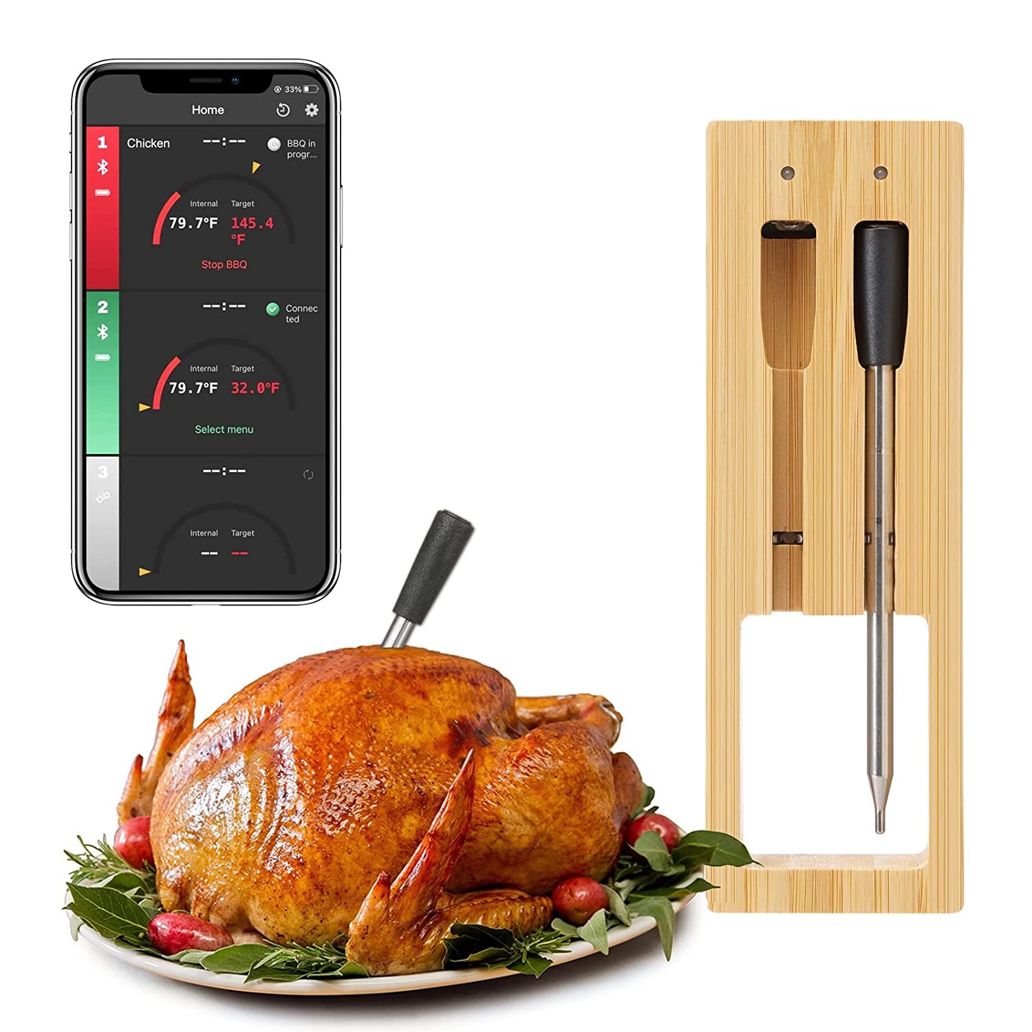 Dual Probe Smart Wireless Meat Thermometer, Waterproof Dustproof Fast Read Digital BBQ Thermometer, Non-Stick Corrosion Resistant Cooking Probes with Bamboo Storage Rack