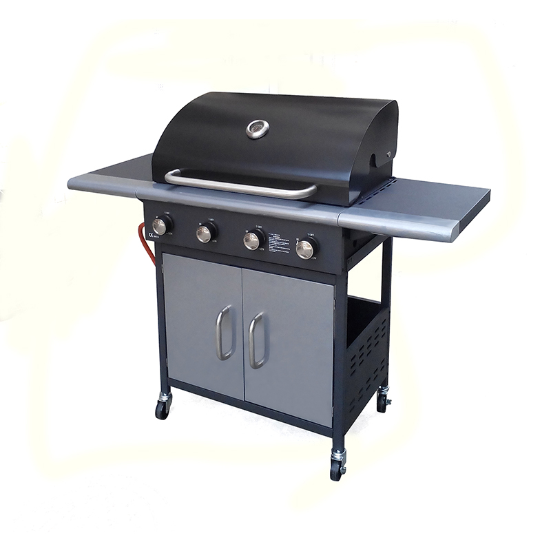 4 Main Burner LP Propane Gas BBQ Grill with Storage Cabinet Trolley, Stainless Steel Outdoor Garden Barbecue Grill with Foldable Side Tables & Lockable Wheels