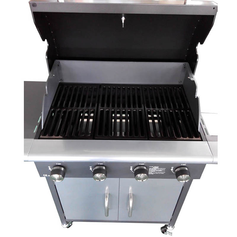 4 Main Burner LP Propane Gas BBQ Grill with Storage Cabinet Trolley, Stainless Steel Outdoor Garden Barbecue Grill with Foldable Side Tables & Lockable Wheels
