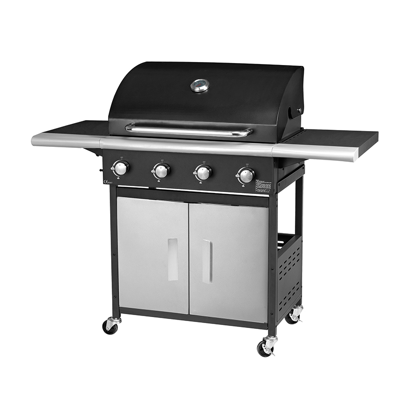 4 Main Burner LP Propane Gas BBQ Grill with Storage Cabinet Trolley, Stainless Steel Outdoor Garden Barbecue Grill with Foldable Side Tables & Lockable Wheels