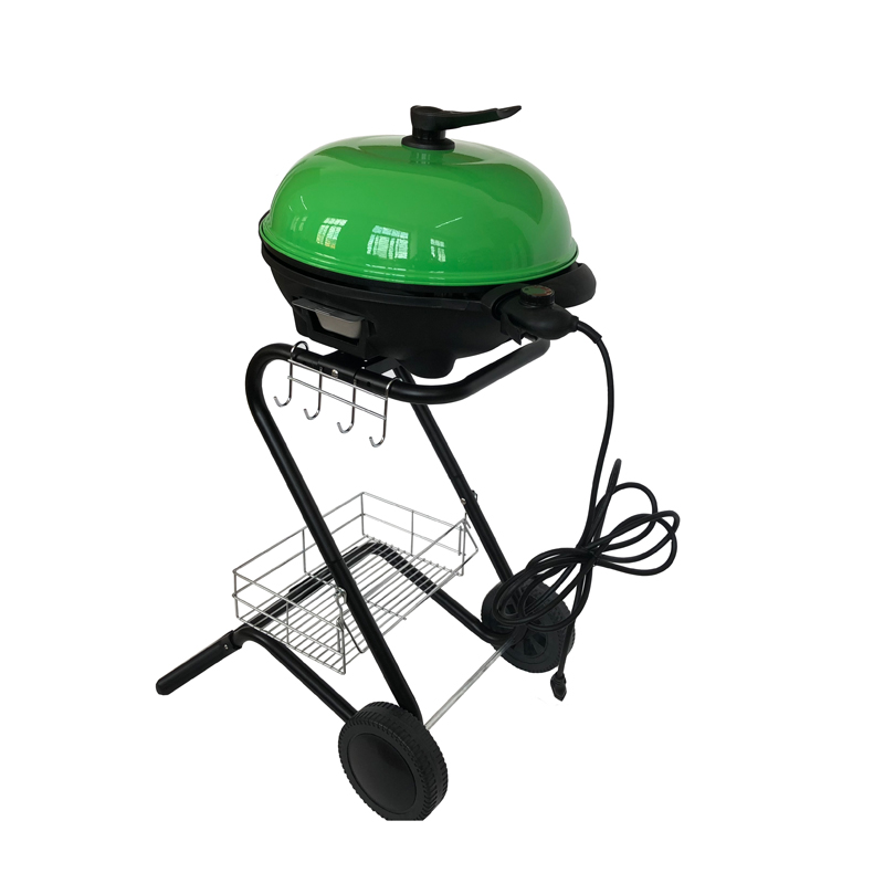 Factory Custom S‑Shaped Trolley Electric Grill, 1500W Powder‑Coated Steel Outdoor Electric Barbecue Grill With Storage Basket & Wheels