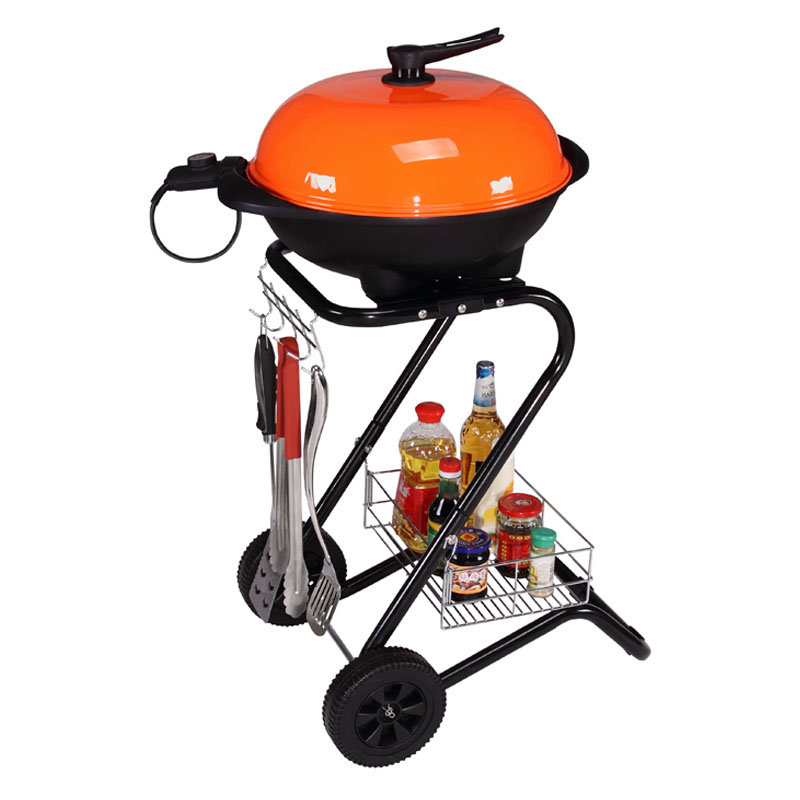Factory Custom S‑Shaped Trolley Electric Grill, 1500W Powder‑Coated Steel Outdoor Electric Barbecue Grill With Storage Basket & Wheels