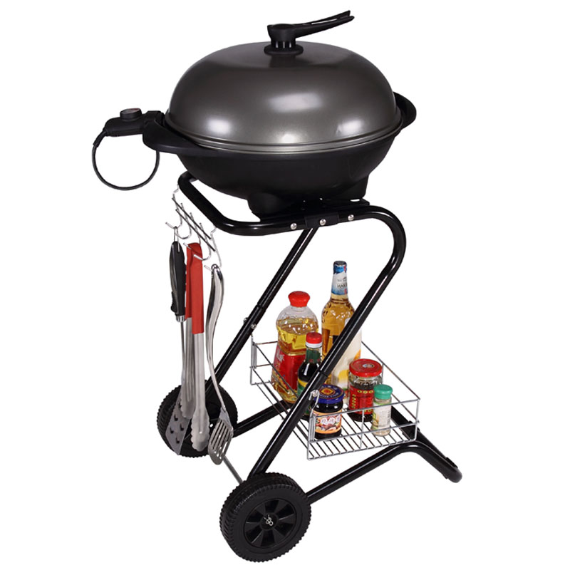 Factory Custom S‑Shaped Trolley Electric Grill, 1500W Powder‑Coated Steel Outdoor Electric Barbecue Grill With Storage Basket & Wheels
