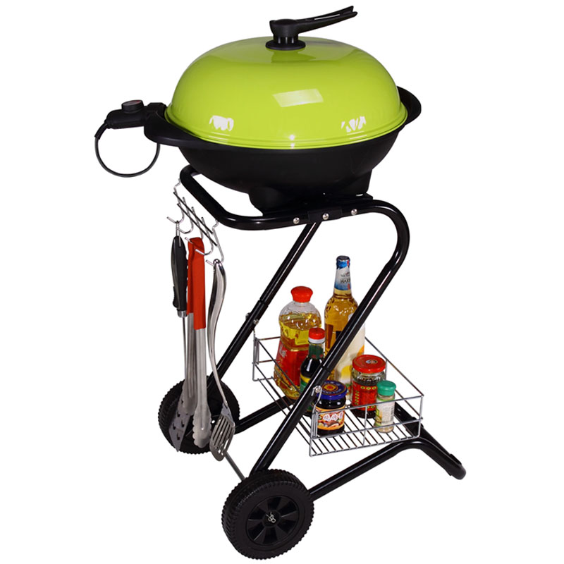 Factory Custom S‑Shaped Trolley Electric Grill, 1500W Powder‑Coated Steel Outdoor Electric Barbecue Grill With Storage Basket & Wheels