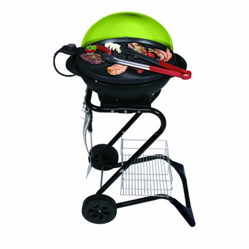 Factory Custom S‑Shaped Trolley Electric Grill, 1500W Powder‑Coated Steel Outdoor Electric Barbecue Grill With Storage Basket & Wheels