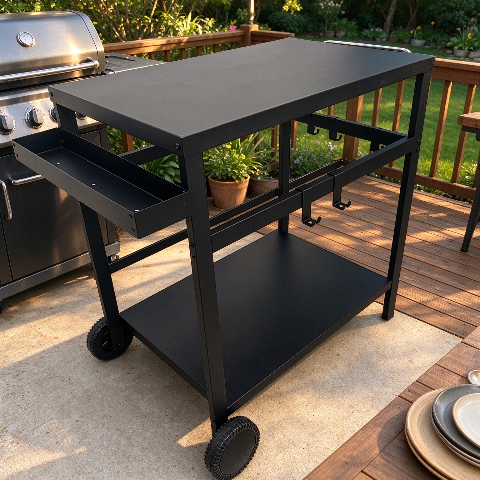 ctory Custom Metal BBQ Trolley Cart with Drawer, Outdoor Patio Grill Storage Cart with Wheels and Hooks