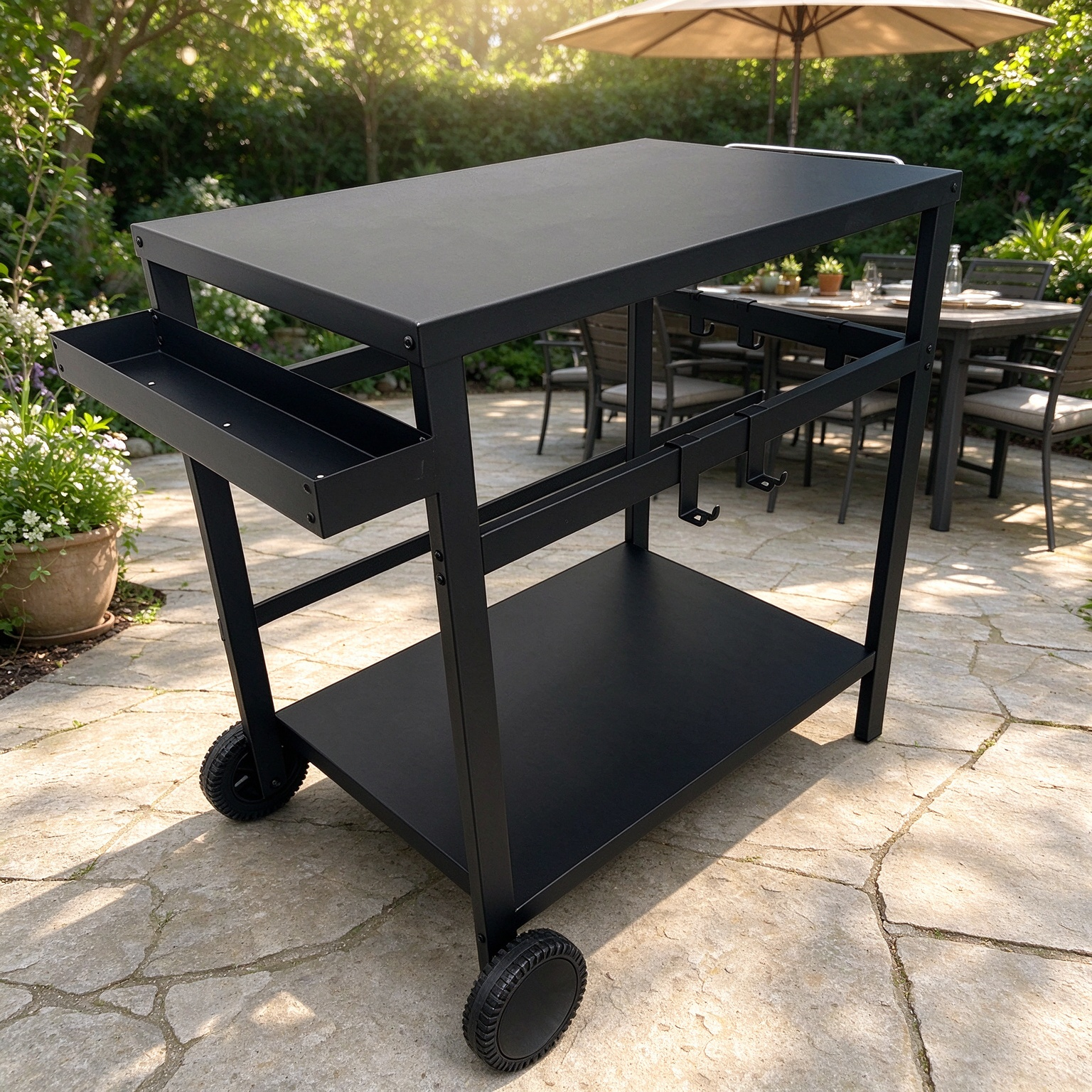 ctory Custom Metal BBQ Trolley Cart with Drawer, Outdoor Patio Grill Storage Cart with Wheels and Hooks